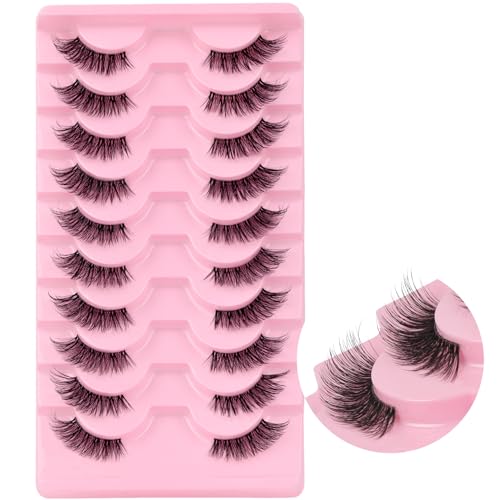 Ahrikiss Half Lashes Natural Look 10 Pairs Wispy Cat Eye Lashes 10mm 3D Fluffy False Eyelashes with Clear Band Short Half Eyelashes (TB02)