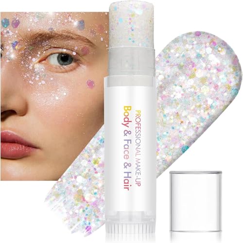 3PCS Face and Body Glitter Stick, Waterproof Halloween Face Glitter Gel, Chunky Sequins Face Hair Glitter Makeup, Silver Black Sparkle Body Glitter for Women and Kid