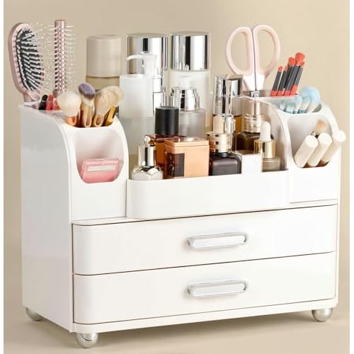Large Makeup Organizer Countertop with Drawers, Make Up Organizer for Vanity, Makeup Storage Organizer Countertop Makeup Organizers for Skincare, All White
