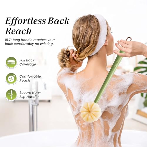 Back Scrubber for Shower with Long Handle (15.7¡±) ? Dual-Sided Bath Brush with Loofah Sponge, Replaceable Heads, Easy Reach for Back & Body, Includes 2 Wall Hooks