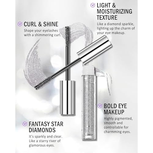 Silver Glitter Mascara + Eyeliner Pen Set, Shimmer Volume Colorful Mascara, Sparkling Liquid Eyeliner, Waterproof, High-Pigmented, All-Day Wear Shine Eye Makeup for Dazzling Looks