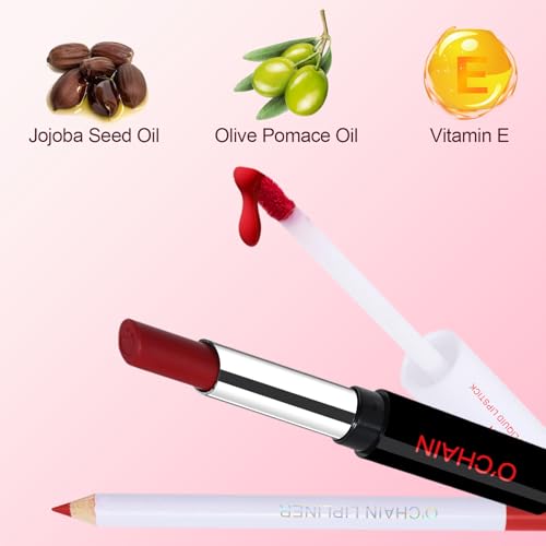 O'CHAIN 3PCS Lip Liner & Lipstick Combo Set, Velvet Matte Lipstick and Matte Liquid Lipstick, Long-Lasting Waterproof and Smudge Proof, Lip Makeup Kit for Women (12 REY)