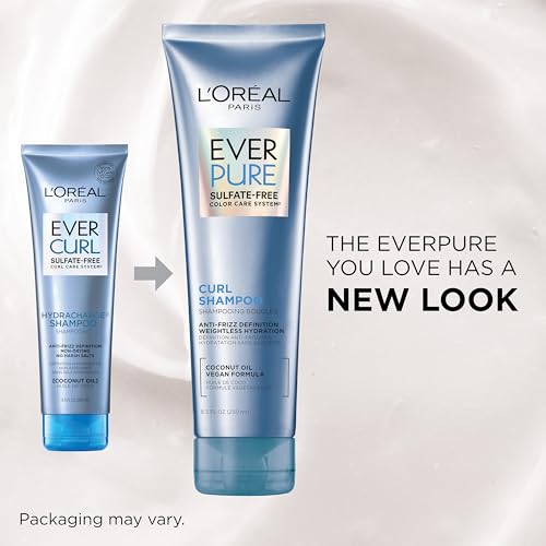 L'Oreal Paris Sulfate Free Shampoo for Curly Hair, Lightweight, Anti-Frizz Hair Care with Coconut Oil, EverPure, 8.5 Fl Oz (Packaging May Vary)