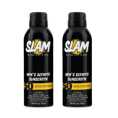 SLAM MysteryMan Men's Scented Sunscreen Spray SPF 50 ? Broad Spectrum Sun Screen Spray for Face & Body, Water Resistant & Sweat Resistant Sunscreen, UVA/UVB Protection, Sunblock for Men 2 pack