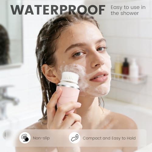 Facial Cleansing Brush, Mini Electric Face Scrubber, Waterproof Face Exfoliator Brush for Deep Cleansing, Portable Face Wash Brush for Travel, Easy to Carry, with 3 Brushheads for Women Mom Men