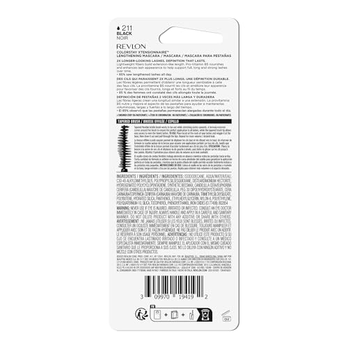 Revlon ColorStay Xtensionnaire Lengthening Lash Serum and Mascara In One, Tapered Brush for 2X Longer Looking Eyelashes, Infused with Pro Vitamin B5, Smudge-Proof, 211 Black Waterproof (Pack of 2)