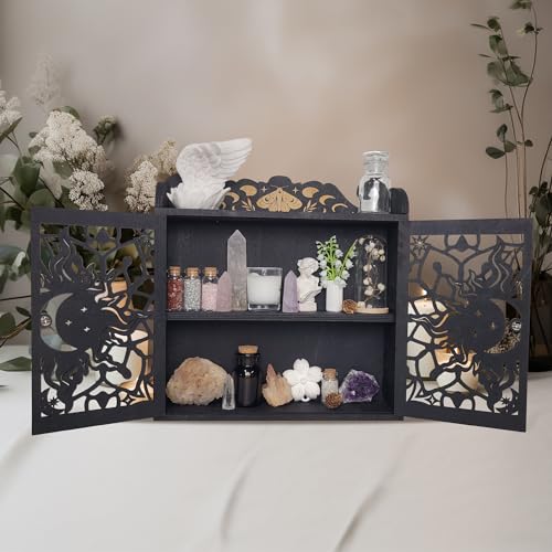 Large Crystal Display Shelf Case for Stones, Carved Sun Crescent Moon Shelf, Trinket Shelf Nail Polish Rack Crystal Holder Essential Oil Storage Rock Cabinet Gem Stone Organizer