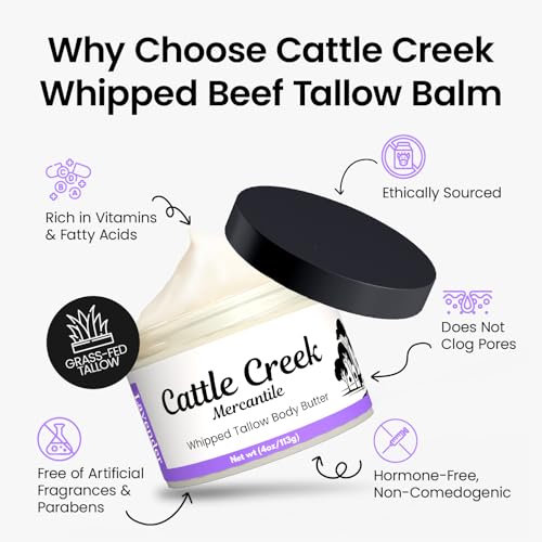 Cattle Creek Whipped Beef Tallow for Skin & Face ? Deeply Moisturizing Tallow Balm ? Natural Grass-Fed Skincare ? Nourishes Dry, Sensitive Skin? Non-Comedogenic, Fast-Absorbing (4oz, Lavender Vanilla)