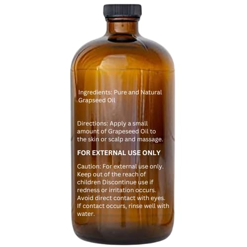 Essentially KateS Grapeseed Oil 16.9 Fl Oz - A Huge Glass Bottle with a Pump - 100% Pure and Natural, Cold Pressed, and Hexane-Free - Hair, Skin and Body