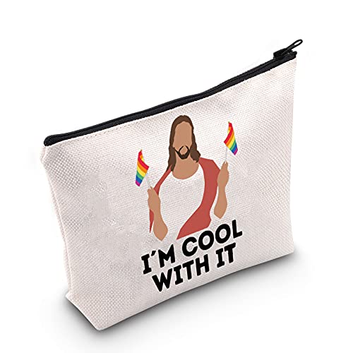 G2TUP LGBTQ Pride Gift Jesus I'm Cool With It Makeup Bag Gay Pride Rainbow Cosmetic Bag Travel Pouch with Zipper Support LGBT Gift (Cool With It White Bag)