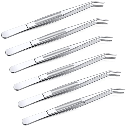 Honoson 6 Pcs Stainless Steel Tweezers for Crafting with Curved Serrated Tip Multipurpose Forceps Sewing Machine Tweezers Bulk (Silver)