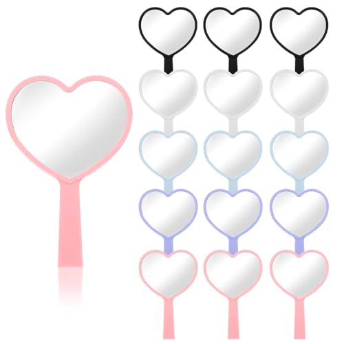 15 Pcs Heart Shaped Handheld Mirror Small Travel Makeup Mirrors with Handle Mini Heart Bulk Plastic Cosmetic Gift for Women (Bright Color)