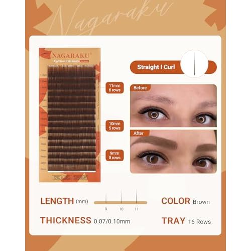 NAGARAKU Eyebrow Extensions, Air Series Brow Extension False Eyelashes Straight Curl for Bottom Lower Lash Grafting 16 Rows Black Soft Natural for Professional Salon Use - 0.07mm, Brown, 9/10/11mm