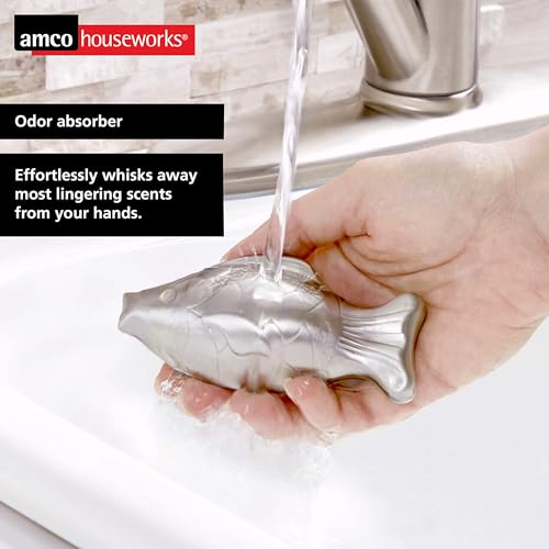 Amco Rub Away Bar, Stainless Steel Odor Absorber, Fish Shaped - Dishwasher Safe Kitchen & Outdoor Essential for Garlic, Onion, Fishing, Hiking Odors - Natural Odor Remover