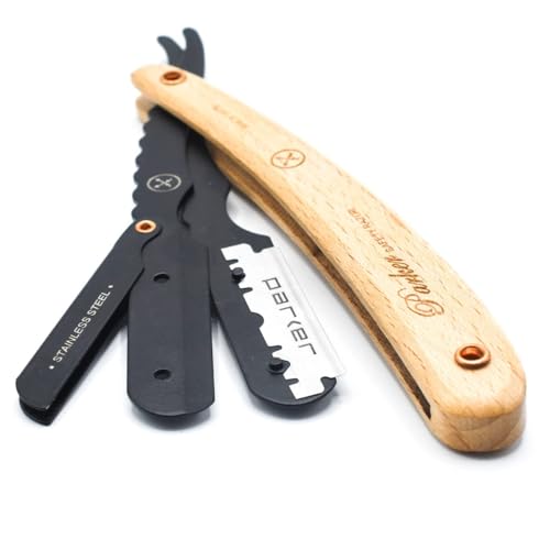 Parker SRP Pine Wood Handle Straight Edge Barber Razor ? Stainless Steel Clip?Type Straight Razor, 5 Premium Half DE Blades Included