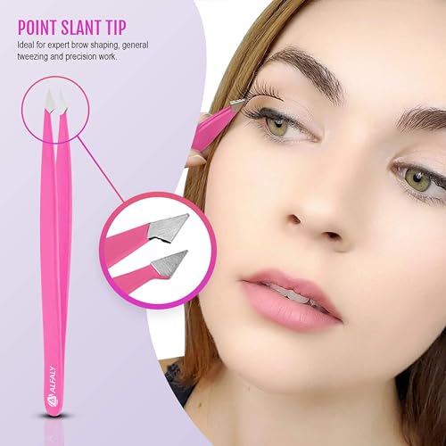 Tweezers Set - Professional Stainless Steel 5-Piece Precision Tweezer for Men & Women - Great for Facial Hair Removal, Eyebrow Shaping, Splinters & Ingrown (Pink)