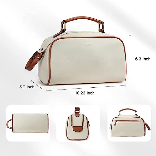 Telena Travel Toiletry Bag Makeup Cosmetic Bags for Women Waterproof PU Leather Toiletry Organizer Portable Large Capacity Beige with Brown