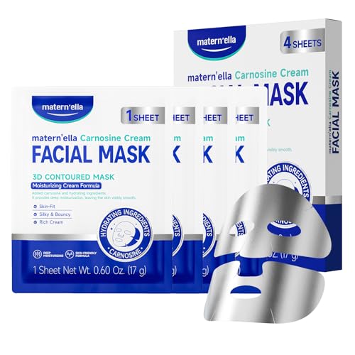 matern'ella Carnosine Cream Facial Mask with Pro-Xylane & Peptides, Anti-Aging, Plant Extract Based, 3D Contoured Face Mask for Wrinkles, Elasticity & Deep Hydration, Paraben & Fragrance Free, 4 pcs