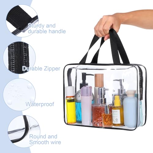 10 Pack Extra Large Clear Toiletry Cosmetic Bags with Zipper and Handle, 11.8 x 3.5 x 8.7 Inches PVC Plastic Makeup Waterproof Transparent Handbag & Travel Tote Pouch for Women Men