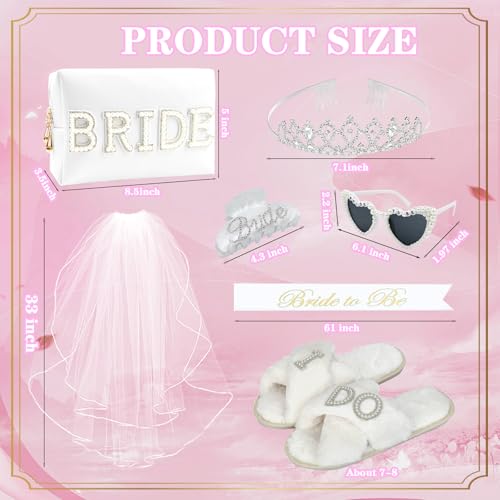 Bachelorette Gifts for Bride, Bride to Be Gifts, Bachelorette Party Decorations,Wedding Veil, Bride Makeup Bag, Bride Slippers, Bride Sash, Bride Hair Clip, Bridal Shower Gifts for Women Girls