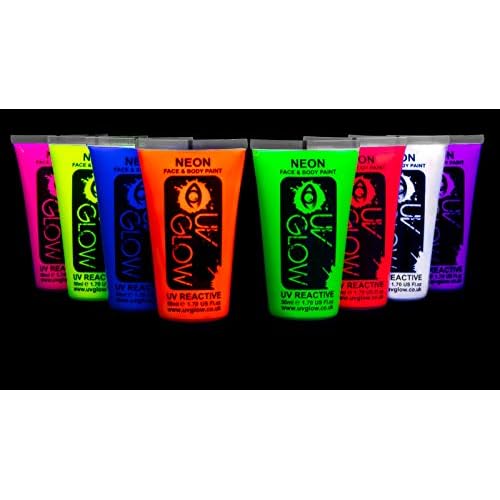 Blacklight Face and Body Paint 1.7oz - Set of 8 Tubes - Neon Fluorescent