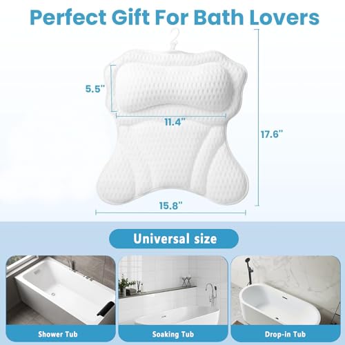 Luxury Bath Pillow for Tub - 4D Air Mesh Head/Neck/Back Support with 6 Non-Slip Suction Cups