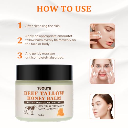 Beef Tallow for Skin, Beef Tallow and Honey Balm, Unscented Grass-Fed Beef Tallow & Raw Wild Honey Balm, All-Natural Moisturizer Hydrating Nourishing for Face & Body - 2 oz