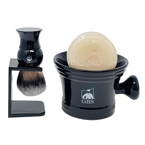 G.B.S GENTS Men¡¯s Wet Shaving Kit - Complete 4-Piece Set with Heavy Duty Ceramic Bowl, Synthetic Shave Brush, Stand & Natural Shea Butter Lather Soap (Black)