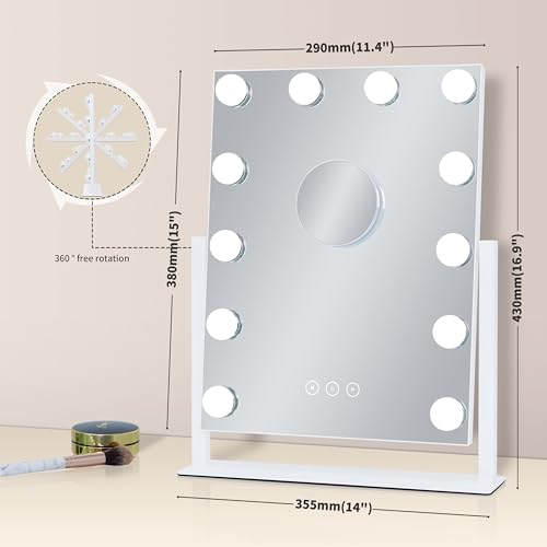 Vanity Mirror with Lights,Lighted Vanity Mirror with 12 Dimmable Bulbs for Dressing Room & Bedroom,3 Color Lighting,Modes Detachable 10x Magnification 360¡ÆRatation (White) 14.6" L x 17" W