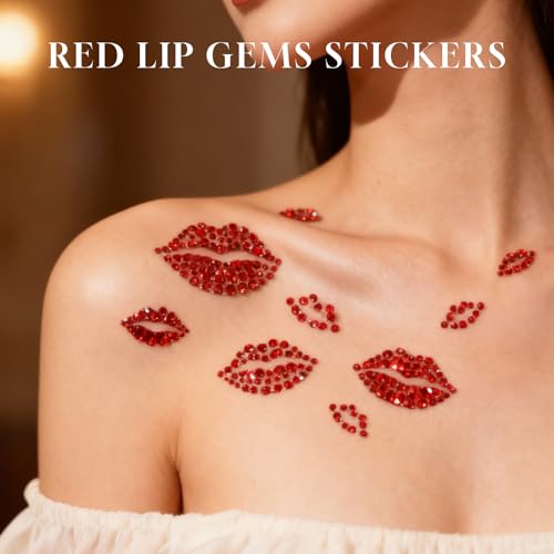 Red Face Gems Self-Adhesive Face Jewels, Red Lip Hair Gems & Festival Kiss Stickers, Face Rhinestone Stickers for Makeup, Eye, Hair, Body, Rave Accessories (Kids & Women)