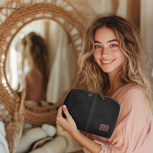 LEATHER VILLAGE Premium Leather Travel Toiletry Bag for Men & Women - Dopp Kit for Shaving & Bathroom Organizer for Travel & Daily Use - Black