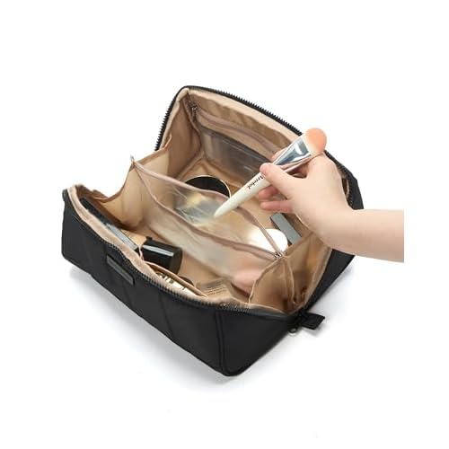NISHEL Travel Makeup Bag for Women, Fluffy & Lightweight Open Flat Cosmetic Organizer with Multiple Functional Divider for Brush Independent Storage, Handle for Easy Portability, Large, Black