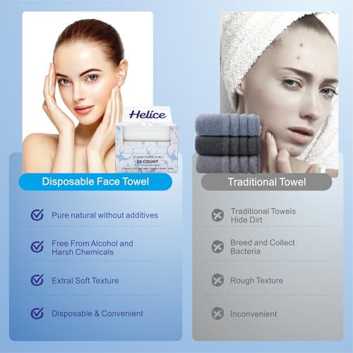 Helice Face Towels, 10"¡¿12" Disposable Face Towel, Face Towelettes XL, Ultra Soft Makeup Remover Dry Wipes, Thick Face Towel for Sensitive Skin, 50 Count (1 Pack)