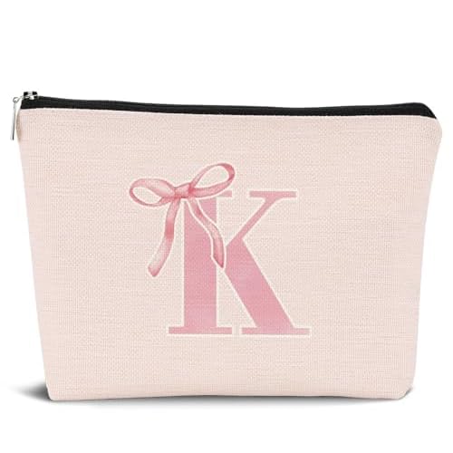 Initial Coquette Pink Bow Makeup Bag,initial K Personalized Teen Girl Gifts,Trendy Preppy Cute Monogrammed Gifts Girly Makeup Pouch Zipper Pouch for Women Teen Girl