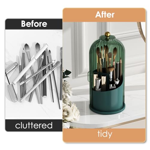 Makeup Brush Holder with Lid 360 Rotating Clear Dustproof Make Up Organizers for Vanity Bathroom Countertop, Green