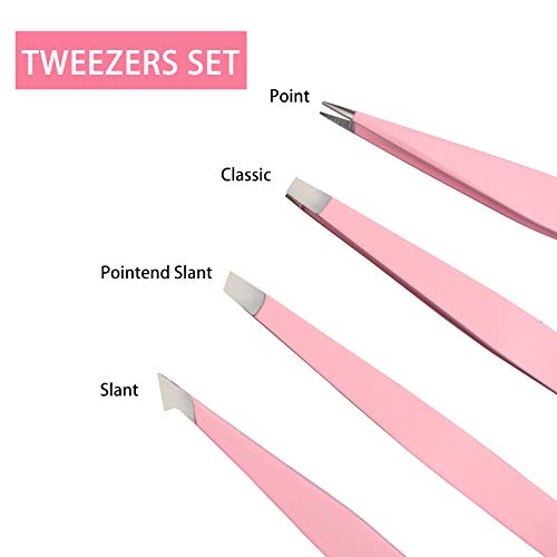Tweezers Set 4-piece, Professional Stainless Steel Tweezers, Precision Tweezers for Eyebrows, Facial Hair, Ingrown Hair, Splinter, Blackhead and Tick Remover (PINK)