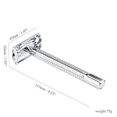 WEISHI Chrome Long Handle Butterfly Open Double Edge Safety Razor Kit - 1 Razor, 1 Stand & 10pcs Blades