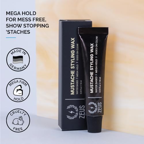 ZEUS Mustache Styling Wax for Men, Water-Based Formula with Mega Hold for a Refined, Long-Lasting Look (Made in Germany) 0.34 Fl. Oz.