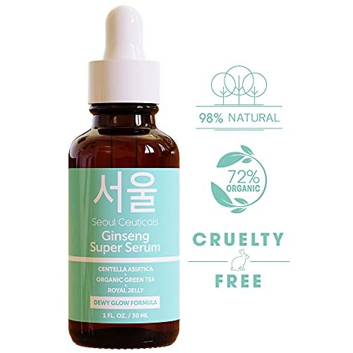 SeoulCeuticals Korean Skin Care Ginseng Serum - K Beauty Skincare with Green Tea + Centella + Royal Jelly - Cruelty Free & Organic for Dewy Glow 1oz (Pack of 2)