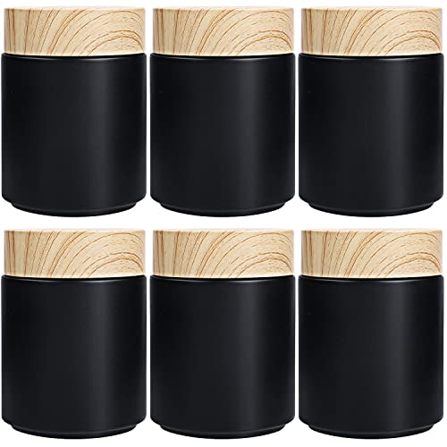 Furnido 6 Pack 8 oz Black Round Glass Jars,Empty Glass Cosmetic Containers with Plastic Wood Grain Lid,Inner Liners for Lotion,Powders,Ointments,Storage Creams,Candle Making