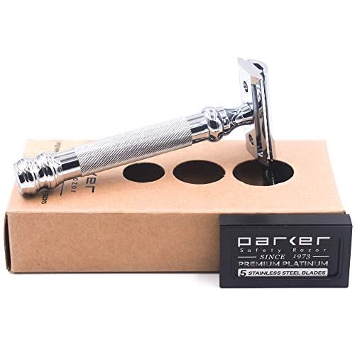 Parker 98R Heavyweight 3-Piece Double Edge Safety Razor ? Long Handle, Closed Comb Design for Smooth Wet Shaving, Includes 5 Platinum Blades ? Iconic Brand in Traditional Shaving