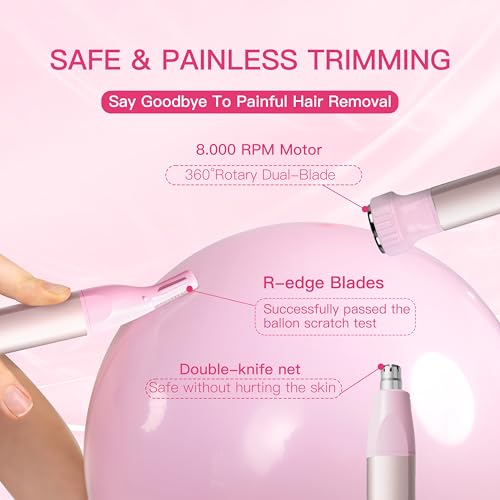 Nose Hair Trimmer for Women 3in1 Facial Hair Removal Trimmer - Metal Body, Rechargeable, Waterproof, Portable - Nose, Ear, Eyebrow, Peach-Fuzz, Lips, Chin (Pink)