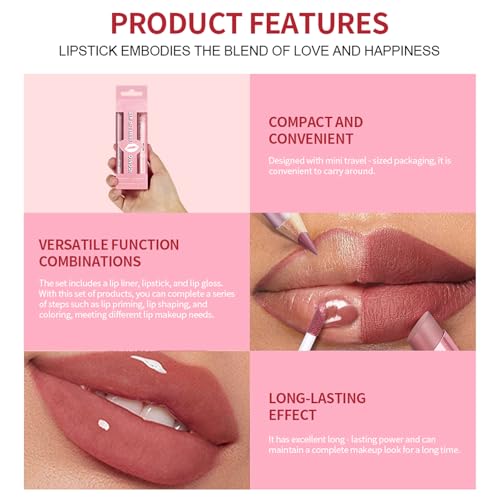 3PCS Matte Liquid Lipstick Long Lasting Tinted Lip Balm & Lip Liner Set, Hydrating Lip Stain Non-Sticky, Lip Gloss for Women, Waterproof Lipstick Makeup