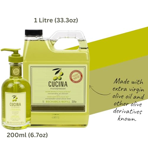 Cucina Fruits & Passion Coriander and Olive Tree Hand Soap Set, 6.7 fl oz Glass Bottle and 33.8 fl oz Refill, Made in Canada