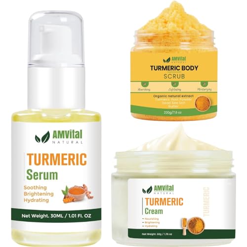AMVital Turmeric Skincare Set - Scrub, Serum, Cream - Handcrafted, All-Natural - Suitable for All Skin Types