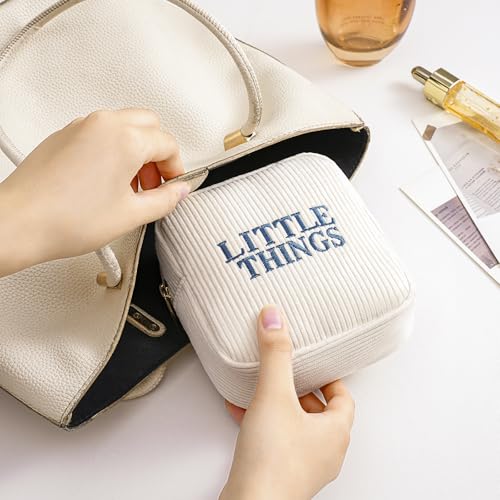 Small Makeup Bag for Purse£¬Personalized Mini Corduroy Cosmetic Bag with Embroidered Letter, Aesthetic Cosmetic Pouch, Cute Lipstick Holder for Women and Girls(04Beige Little Things)
