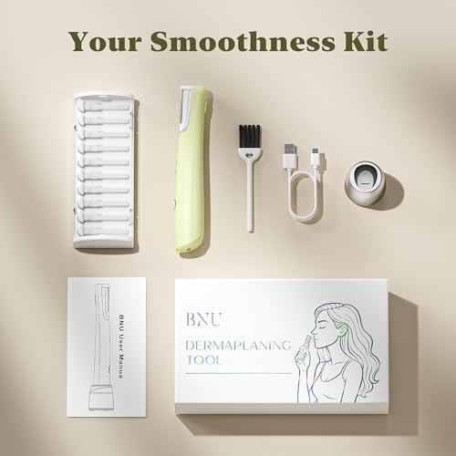 BNU Dermaplaning Tool for Face, Dermaplane Razor for Women Face LED Light Facial Exfoliation & Peach Fuzz Hair Removal, 3 Speeds Rechargeable Sonic Edge Technology 10 Refill Blades Green