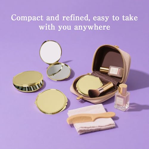 12 Pcs Portable Folding Compact Mirror Bulk with Storage Bag Mini Double Sided Makeup Mirror with 1X and 2X Magnification for Women Bridesmaid Travel Gifts (Gold)