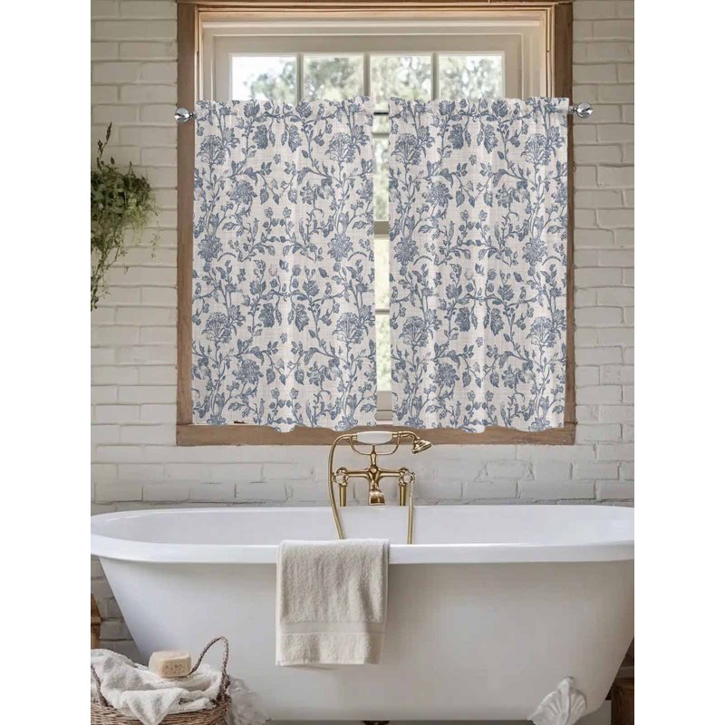 Farmhouse Blue Floral Tier Curtains - Window Half Privacy Drapes, 42x45 Inches, 2 Panels