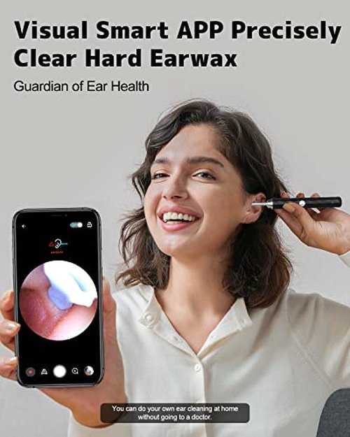 Ear Wax Removal, Ear Cleaner with Camera and Light, Ear Wax Removal Kit with 1296P Otoscope, Ear Cleaning Tool with 6 Ear Spoon, Ear Camera for iPhone & Android Phones,Black